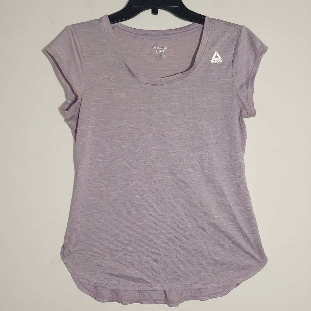 Reebok Women's Short Sleeve Active Gym Running Yoga T Shirt Heathered Lilac EUC - Picture 2 of 7